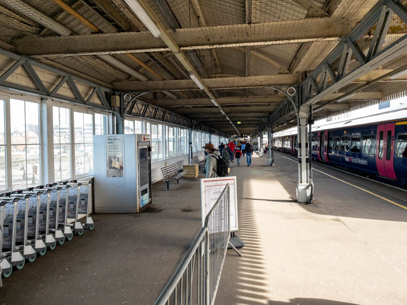 Looking east along platform 1 with the ferry terminal facilities behind us