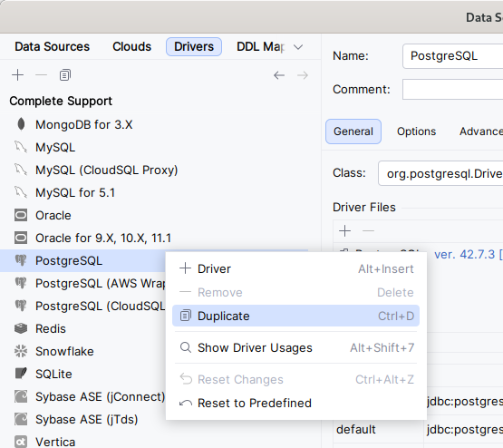 Screenshot showing how to duplicate the Postgres driver