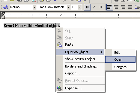 Opening a equation with Word