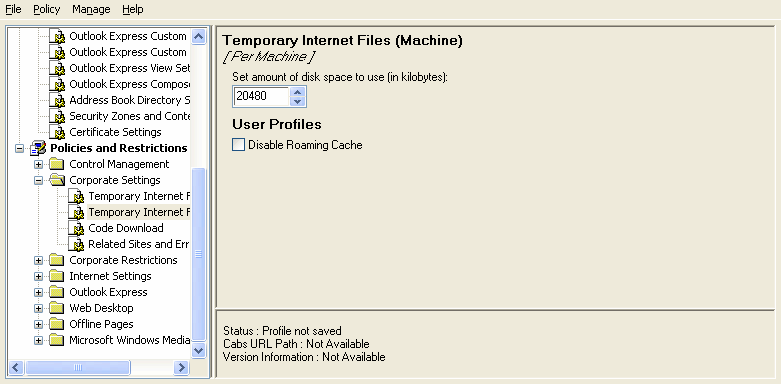 IEAK Profile Manager - Temporary Internet Files (Machine) - Disable Roaming Cache