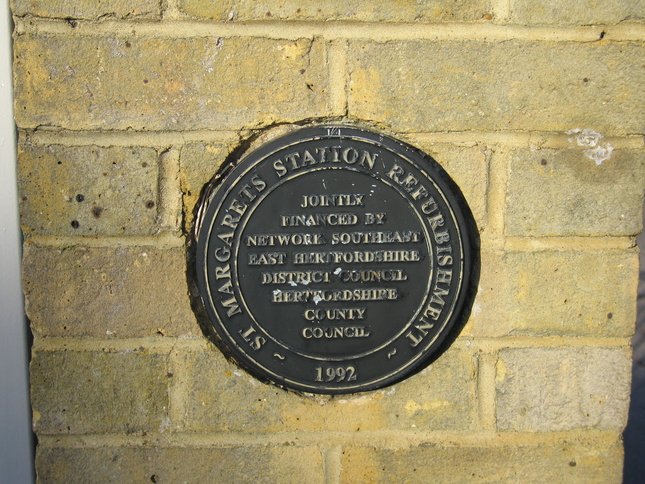 St Margarets Station
Refurbishment, 1992.  Jointly financed by Network SouthEast, East
Hertfordshire District Council, Hertfordshire County Council.
