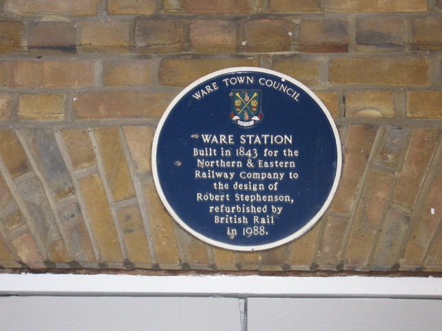 Ware Town Council - Ware Station -
Built in 1843 for the Northern & Eastern Railway Company to the
design of Robert Stephenson, refurbished by British Rail in 1988.