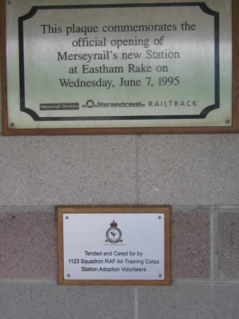 This plaque commemorates the
official opening of Merseyrail's new Station at Eastham Rake on
Wednesday, June 7, 1995 | Tended and Cared for by 1123 Squadron RAF
Air Training Corps Station Adoption Volunteers