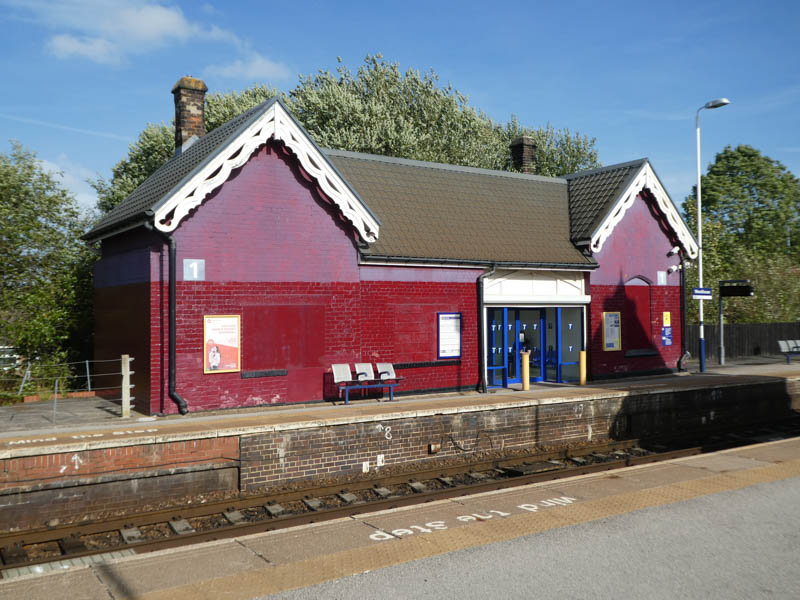 The platform 1 station building seen from platform 2 opposite