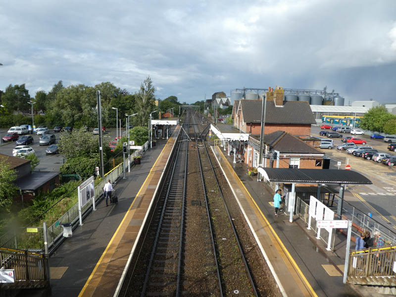 Looking north from the footbridge at the station buildings