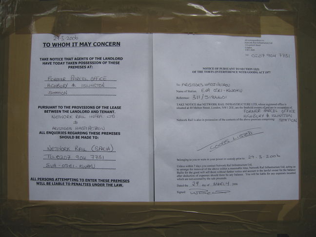 Highbury and
Islington parcel office repossession notice