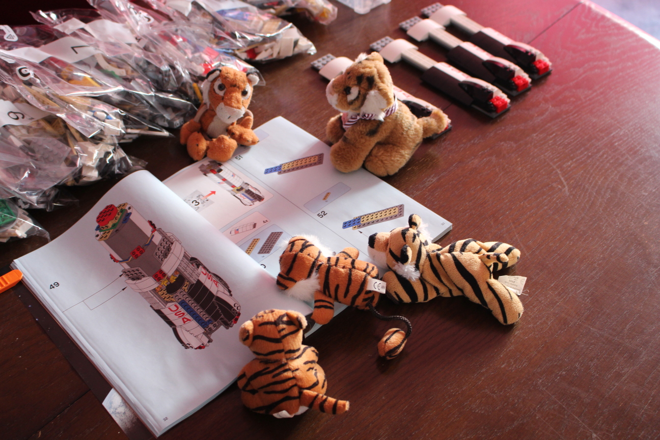 The five tigers who compose the space-team consult a manual showing a partially constructed first stage of the rocket