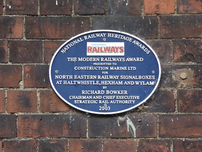Haltwhistle plaque - National
Railway Heritage Awards - The Modern Railways Award presented to
Construction Marine Ltd. for North Eastern Railway Signalboxes at
Haltwhistle, Hexham and Wylam by Richard Bowker Chairman and Chief
Executive Strategic Rail Authority 2003