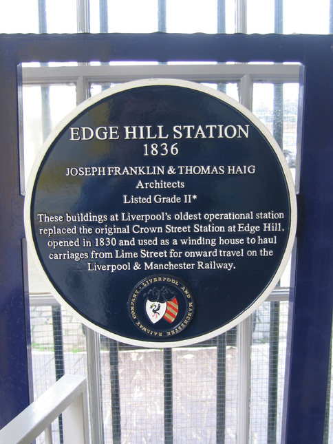 EDGE HILL STATION 1836.  JOSEPH
FRANKLIN & THOMAS HAIG Architects.  Listed Grade II*.  These
buildings at Liverpool's oldest oeprational station replaced the
original Crown Street Station at Edge Hill, opened in 1830 and used as
a winding house to haul carriages from Lime Street for onward travel
on the Liverpool & Manchester Railway.